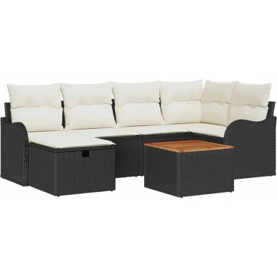 Image of vidaXL 7 Piece Garden Sofa Set with Cushions Black Poly Rattan