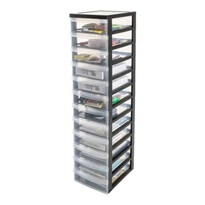 Image of Iris Ohyama, Plastic Drawers Storage Unit, Drawers, A4 Format &amp; 4 Wheels, H120cm/12 BPA Free, Black, W40 x D29 H120cm, DC 012
