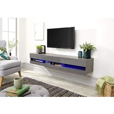 Image of Home Source Large LED Wall Mounted TV Unit with High Gloss Finish, Grey, Two Storage Shelves ,GAL180GGG