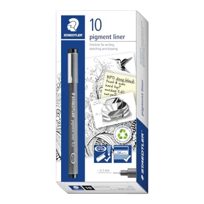 Image of STAEDTLER 308 02 9 Pigment Liner Fineliner Pen for Writing &amp; Technical Drawing Black, 0.2mm (Box of 10)