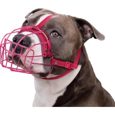 Image of Dog Muzzle for Pitbulls Metal Wire Basket Amstaff Mask Medium Large Dogs (Pink)