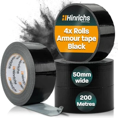 Image of Hinrichs Duct Tape Black 4 Rolls 50m x 50mm Gaffa extra strong waterproof Wide for Inside and Outside Adhesive