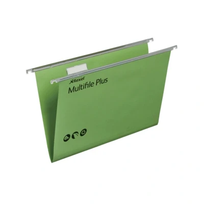 Image of Rexel Foolscap Suspension Files with Tabs and Inserts for Filing Cabinets, 15 mm V base, 100 Percent Recycled Manilla, Assorted Colours, Multifile Plus, Pack of 20, 2101978
