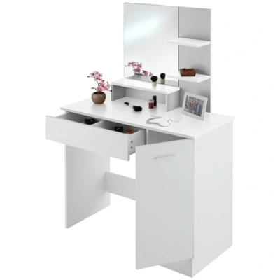 Image of TecTake® Modern Dressing Table with Large Vanity Mirror, Divided Drawer, 3 Open Shelves, Side Compartment, Scratch Resistant Surface &amp; Easy Assembly Desk for Bedroom Furniture White