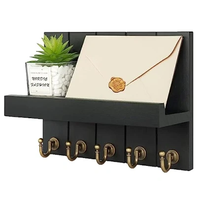 Image of Baoswi Key and Mail Holder for Wall, Hanger Wall with Shelf Wood Hooks 5 Decorative Retro Hanging Organiser Rustic Farmhouse Decor Entryway (Black)