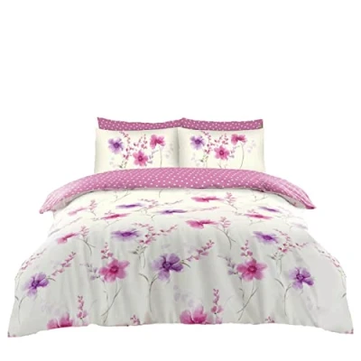 Image of Super Dreamer Polka Dot Duvet Set With Fitted Sheet, Botanical Complete Set, Polycotton King Size Floral Bedding Matching Pillow Cases, Multi