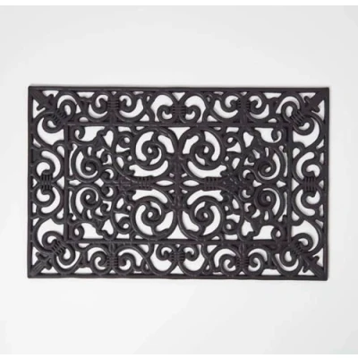 Image of HOMESCAPES Black Wrought Iron Effect Rubber Doormat Victorian Style Non Slip Waterproof Outdoor Mat, 70 x 45 cm