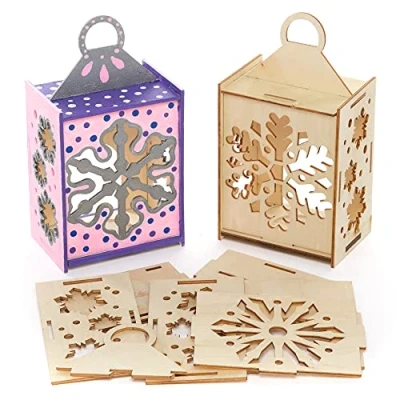 Image of Baker Ross FE887 Snowflake Wooden Lantern Pack of 3, Winter Craft Set for Children, Arts and Crafts Kids Christmas Activities to Colour In, Decorate Display