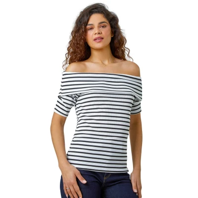 Image of Roman Originals Ribbed Bardot Stretch Top for Women UK Ladies Everyday Autumn Winter Comfy Soft Evening Vacation Work Party Night Out White Size 20