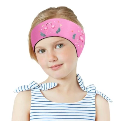 Image of MoKo Swimming Headband for Kids, Cute Swinmmers Ear Band Kids Keep Water Out Waterproof Protection Bathing Age 3 9 M Size, Pink Straw Hat Flamingo