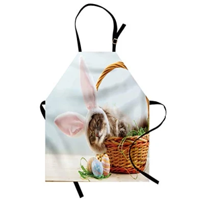 Image of ABAKUHAUS Easter Bunny Apron, Cat as Rabbit, Unisex Kitchen Bib Apron with Adjustable Neck for Cooking Baking Gardening, Multicolor