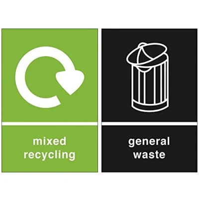 Image of Grizzly Recycling Bin Stickers Self Adhesive PVC Pack of 2 Signs General Waste and Mixed 150mm x 100mm