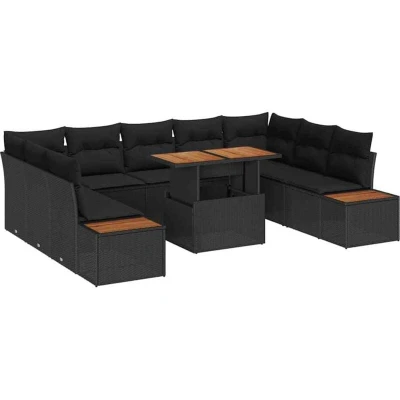 Image of 10 Piece Garden Dining Set with Cushions Black Poly Rattan Acacia Vidaxl