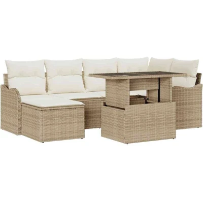 Image of vidaXL 7 Piece Garden Sofa Set with Cushions Beige Poly Rattan