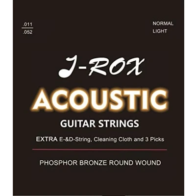 Image of J ROX Guitar Strings Western Premium Phosphor Bronze for Guitar, Acoustic + Extra E String D Cleaning Cloth 3 Picks