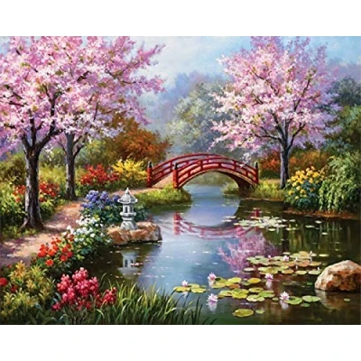 Image of OWN4B Cross Stitch Kits Stamped, Garden Beautiful Lake View Printed Pattern 11CT 14.2x18.1 inch DIY Embroidery Kit (Lake)