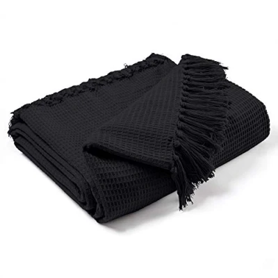 Image of EHC Waffle Cotton Woven Super Giant Sofa Throw, Up to 4 Seater Sofa/Super King Size Bed 250 x 380 cm, Black