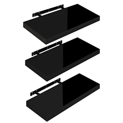 Image of WOLTU High Gloss Floating Shelves,Set of 3 Wall Shelf,CD DVD Storage Corner Shelf, Premium Wooden Shelves for Bedroom LivingRoom kitchen 50x22.9x3.8cm, Black, RG9477sz