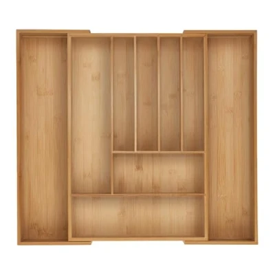 Image of Relaxdays Cutlery Tray, 7 9 Compartments, 6 x 34 56 50 cm, Extendable Drawer Organiser, Bamboo, Kitchen, Natural, Silicone