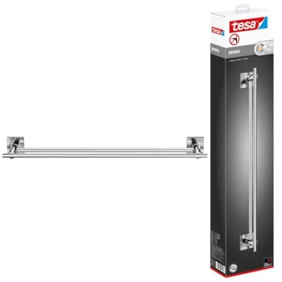 Image of tesa EKKRO Towel Rail No Drill Holder in Chromed Metal Stainless Waterproof Includes Removable Glue Solution 112 mm x 640 50