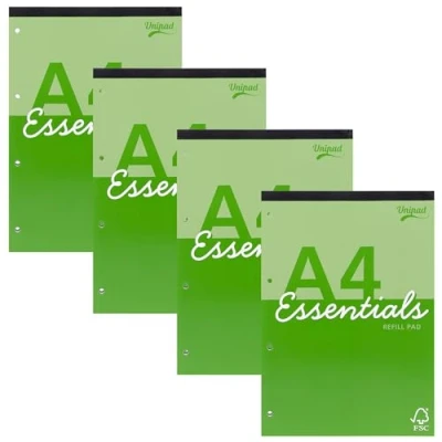 Image of Pukka Pad Essentials A4 Refill Pack of 4 Tape Head Bound Notepads for Easy Tear Out with 160 Pages, 80 Sheets 60GSM Lined FSC Paper Margins Green
