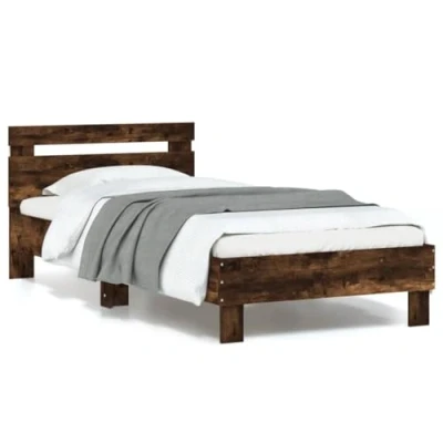Image of vidaXL Smoked Oak Single Bed Frame 90x190 cm with Plywood Slats, Headboard &amp; RGB LED Lighting Bedroom Furnishing Bedstead