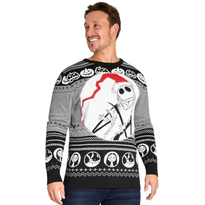 Image of Disney Mens Christmas Jumper Crew Neck with Long Sleeves, Warm Cosy Xmas Gifts for Men (Black/Multi Jack, L)