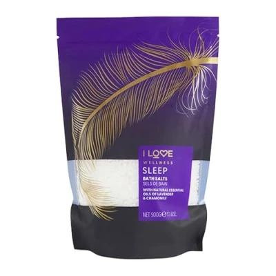 Image of I Love Wellness SLEEP Bath Salts, With Natural Essential Oils Of Lavender &amp; Chamomile, Formulated Mineral Rich Sea Salt, Made Extracts, Vegan Friendly 500g