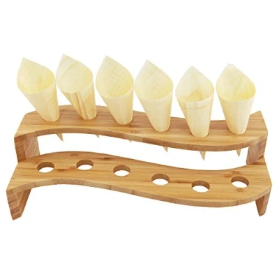 Image of BambooMN 13&quot; x 5.7&quot; 3.5&quot; Natural Bamboo S Wave Multi Level Food Cone Display Tamaki Stand for Restaurants, Catered Events, Party or Buffets, Holds up to 12 Cones