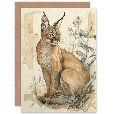 Image of Artery8 Caracal Cat with Teal Plants Modern Pastel Watercolour Illustration Art Birthday Sealed Greeting Card Plus Envelope Blank inside
