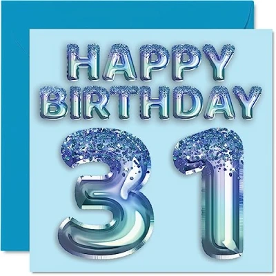 Image of 31st Birthday Card for Men Blue Glitter Party Balloon Happy Cards 31 Year Old Man Brother Friend Uncle Dad, 145mm x Thirty One First Bday Greeting Gift
