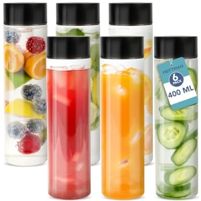 Image of HEFTMAN Plastic Juice Bottles with Lids 6 Pack 400ml Empty Sensory Black Screw Top Lids, Food Safe PET Clear for Water, Juice, Iced Coffee, Smoothie To Go
