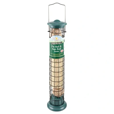 Image of Walter Harrison&#039;s Green Die Cast Wild Bird Suet Roll and Fat Ball Hard Wearing Hanging Feeder 40 cm