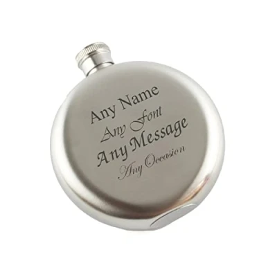 Image of Personalised Engraved 5oz Round Stainless Steel Hip Flask, Any Message Design, Gift for Him, Grandad, Fathers Day, Birthday Gift, Stag Do in The UK