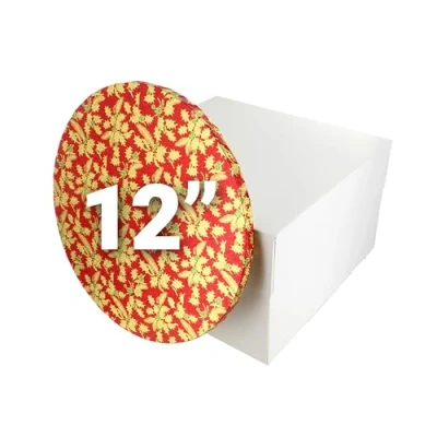 Image of Culpitt Christmas Cake Board &amp; Box Set 12&quot;, Red White Gold Holly Drum, Festive Transport Combo