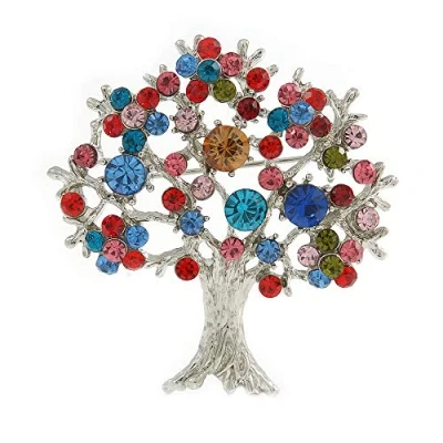 Image of Avalaya Multicoloured &#039;Tree of Life&#039; Brooch in Silver Tone Metal 52mm Tall