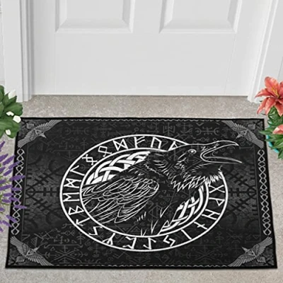 Image of Veryday Viking Runes Raven Door Mat, Entrance Dirt Trapper House Mat for Bathroom, White, 50 x 80 cm