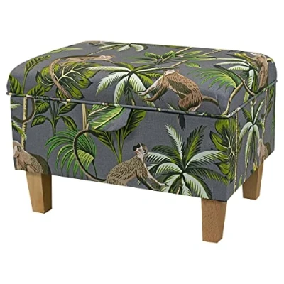 Image of Beaumont Storage Footstool Ottoman in a Monkey Grey Tropical Botanical Cotton Print Fabric British Handmade