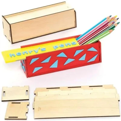 Image of Baker Ross Wood Pencil Box Craft Set for Kids 3 Pack, to Paint, Display and Organize Desk (FC438)
