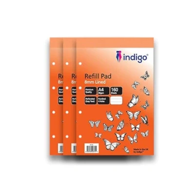 Image of indigo® A4 Refill Pad 160 Pages Headbound Perforated Punched Hole (Feint Lined, Pack 3)