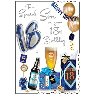 Image of Jonny Javelin Wonderful Son 18th Birthday Card Age 18 Balloons Presents Beer