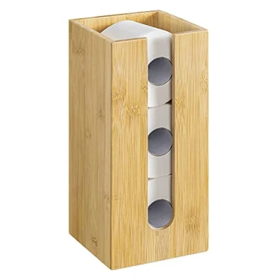 Image of Navaris Bamboo Toilet Roll Storage Narrow Free Standing Paper Tissue Holder Tower Organiser for Bathroom 3 Rolls