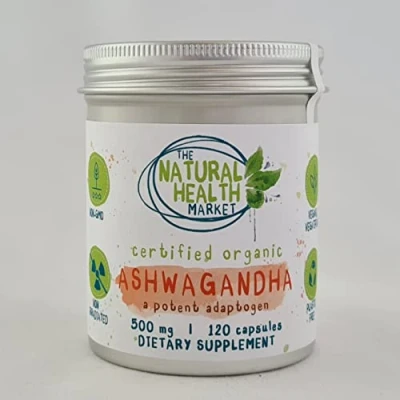 Image of Organic Ashwagandha Capsules 500mg by The Natural Health Market Soil Association Certified Withania Somnifera Vegan Friendly Traditional Ayurveda (120 Capsules)
