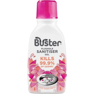 Image of Buster Sanitiser Gel 300ml Berry Fragranced Plughole Freshener Kills 99.9% Germs Coats Pipes to Tackle Stains &amp; Smells 6 Doses per Bottle