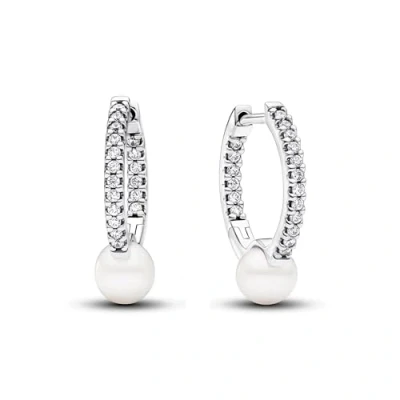 Image of Pandora Timeless Sterling silver hoop earrings with clear cubic zirconia and white treated freshwater cultured pearl