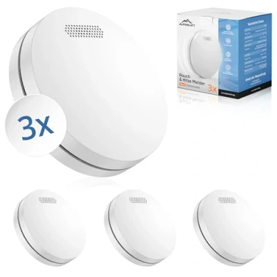 Image of ALPENLUFT Smoke Detector Wireless interlinked 10 Year Battery, Alarm &amp; Heat 2in1, fire Alarm, Detector, alarms for home No Drilling, LED Flashing (Set of 3)