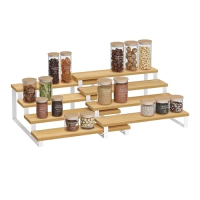 Image of SONGMICS Spice Rack, Set of 2 Cabinet Shelf Organisers, 4 Tier Extendable Holder, Engineered Wood, Stackable, for Pantry, Cupboard, Countertop, Natural Beige and Cloud White KCS216N02