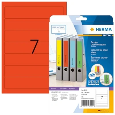 Image of HERMA Self Adhesive Spine Labels, 7 Labels per A4 Sheet, 20 Sheets, 192 x 38 mm, 140 Blank Lever Arch File Folder Stickers, Sticky for Laser &amp; Inkjet Printer, Red