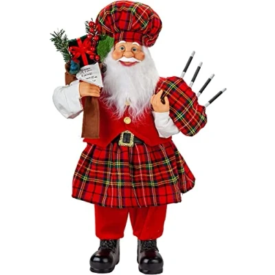 Image of VFM Scottish 60cm Father Christmas Traditional Figure Xmas Decoration Luxury Realistic Standing Santa Claus Ornament With Nordic Festive Red Tartan Suit