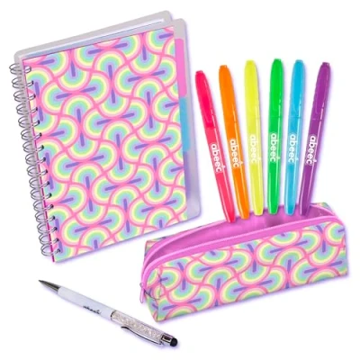 Image of abeec Stationery Set for Girls School Supplies Kids A5 Notebook, Ballpoint Pen with Stylus, Pencil Case and 6 Neon Highlighters